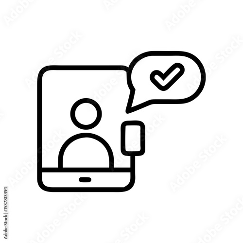 Online status icon with user profile and checkmark in chat bubble on smartphone for connectivity concept