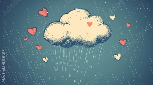 Hand-drawn sketch of a cloud raining hearts in a night sky
