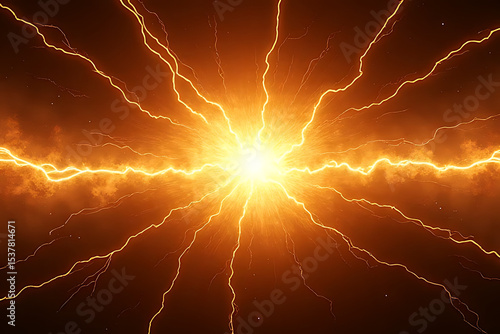 Fiery lightning energy explosion with electric tendrils radiating from center. Ideal for tech backgrounds, cosmic visuals, or futuristic designs. High-impact visual element.