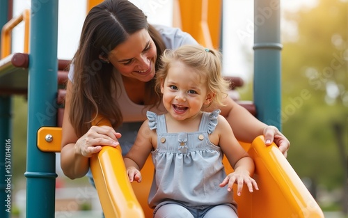 Mother and Child Enjoying a Fun Playtime on a Playground Slide. High quality