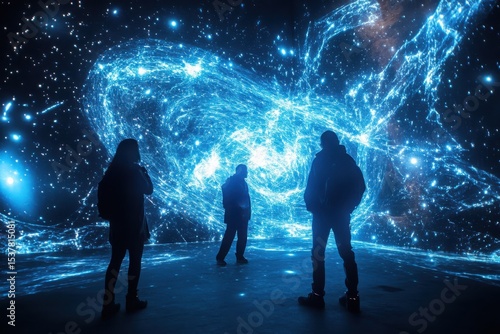Silhouetted figures gaze at a luminous blue nebula projection in a darkened immersive space