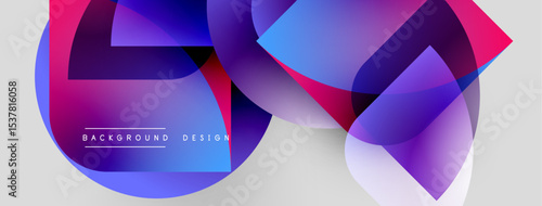 Abstract shapes overlap, creating vibrant gradients. Blue, purple, pink hues dominate design. Modern aesthetic, clean background.