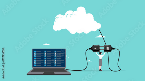 cloud computing technology, cloud storage for data protection or sharing file, technology to communicate with teams while working remotely, woman employees connect laptops to cloud computing