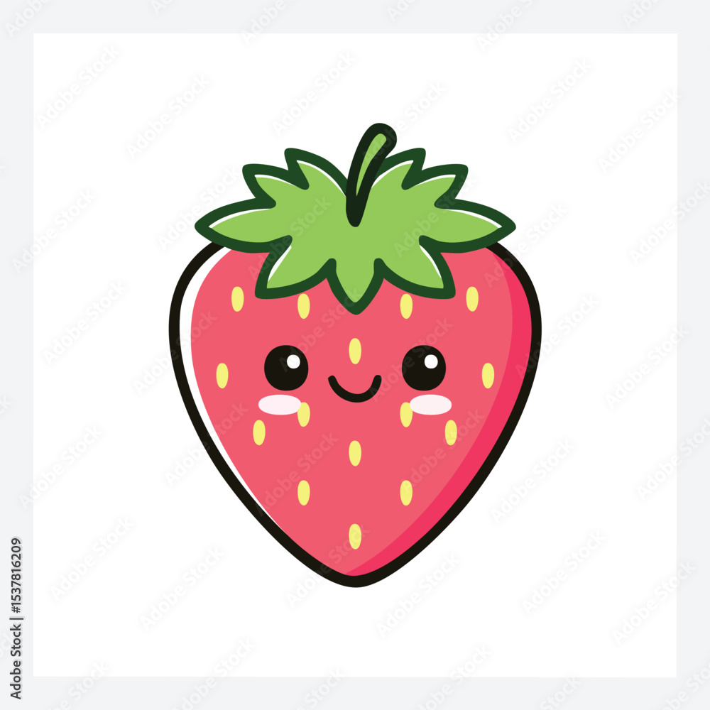 Obraz premium Minimal Flat Vector of Cute Strawberry with Bold Black Outline and Happy Expression No Gradient