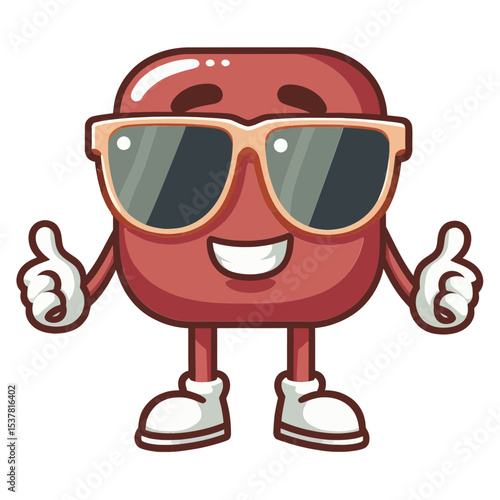 A smiling, rectangular red character wearing sunglasses and giving two thumbs up. Ideal for blogs/websites about success, approval, cool themes, or positive feedback.