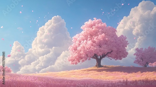 Pastel pink cherry blossom field under a soft sky