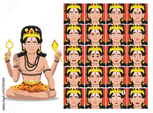 Hindu God Dakshinamurti Cartoon Emotion faces Vector Illustration