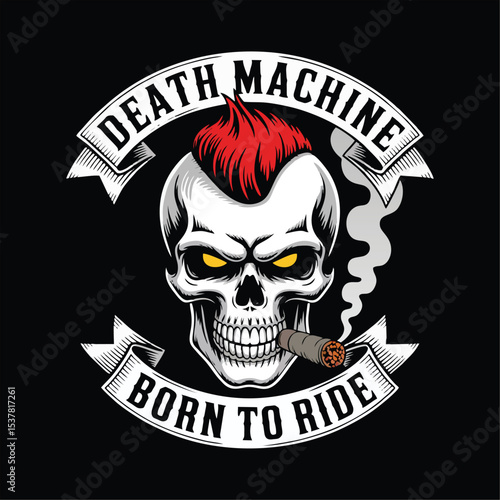 Aggressive skull motorcycle gang emblem, skull with mohawk and smoking cigar, skull logo vector
