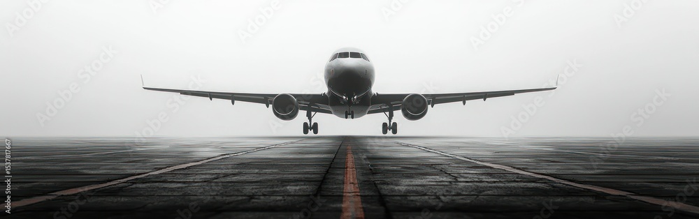 Jet airplane prepares for takeoff on runway, grey tones Jet airplane prepares for takeoff on runway, grey tones
