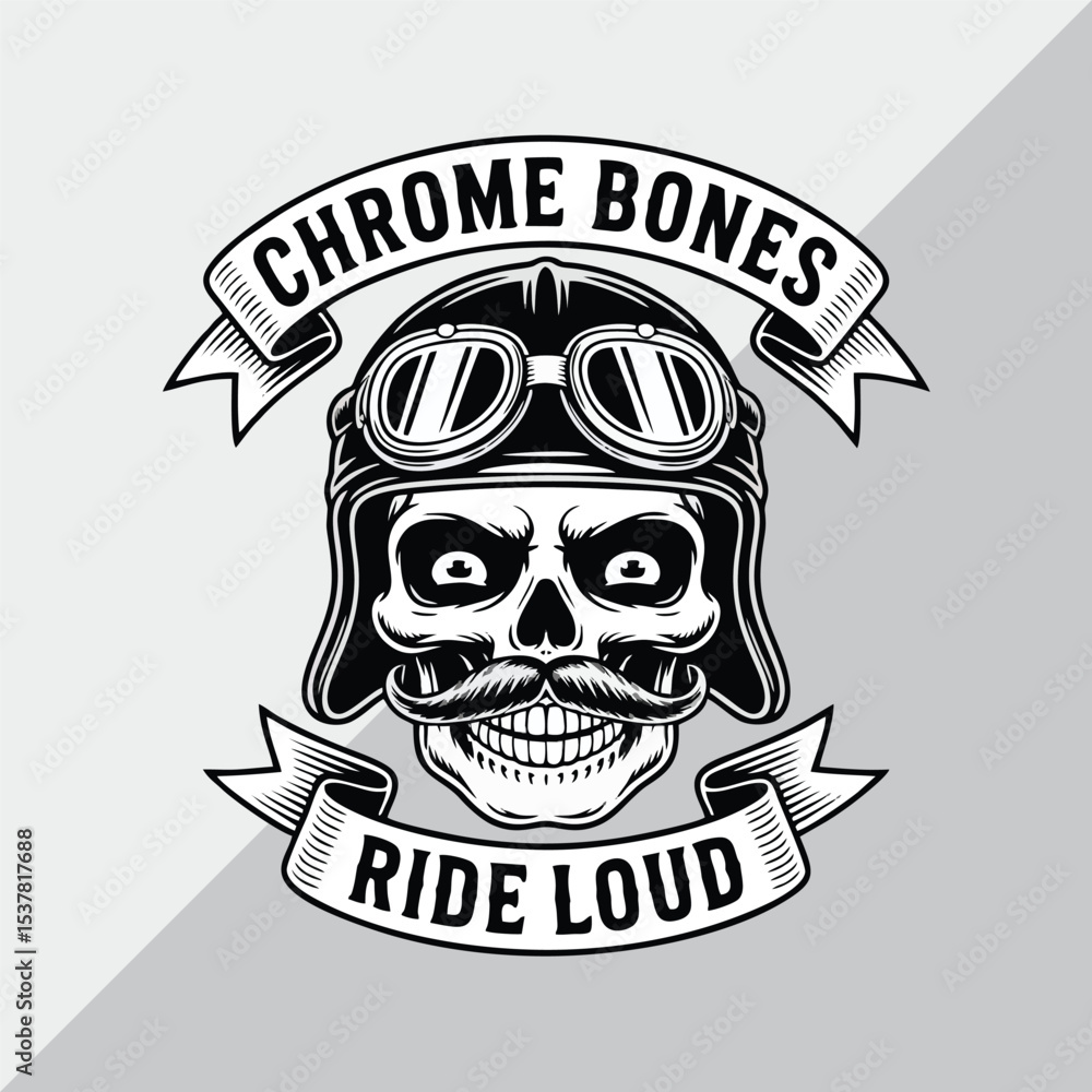 Fototapeta premium Gang skull logo vector, grinning skull with handlebar mustache and aviator helmet, with text 