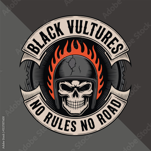 Skull motorcycle gang badge, flaming skull with
cracked helmet, skull head logo vector