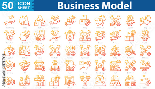 Business Model icon set collection Outline Gradient Style direct marketing, statistics, reseller, loyal customer, sales, pricing, digital product, mlm, acquisition, rising, business model