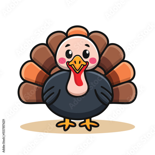Minimal Flat Vector of a Cute Turkey with Bold Black Outline, Happy Expression, No Gradients