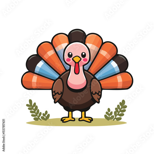 Minimal Flat Vector of a Cute Turkey with Bold Black Outline, Happy Expression, No Gradients