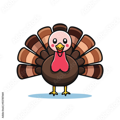 Minimal Flat Vector of a Cute Turkey with Bold Black Outline, Happy Expression, No Gradients
