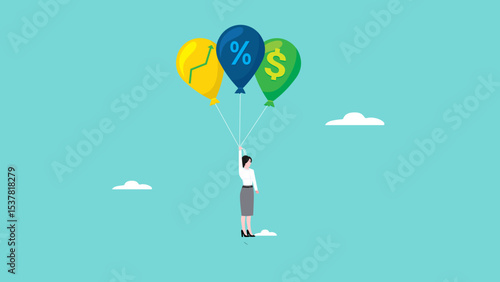 compound interest growth on capital, return on investment or dividend leads to financial freedom, successful investment strategy, businesswoman flying using balloon with dollar icon and growth graph