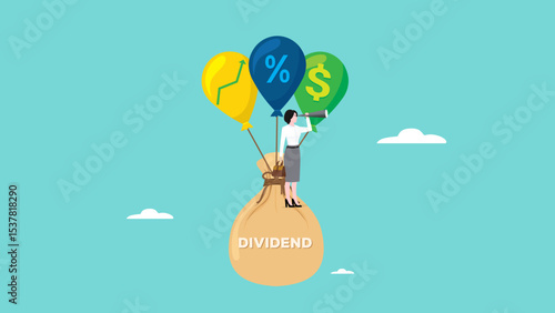 dividend, stock investment return concept, happy businesswoman investors standing on money bag with the word dividend floating with dollar sign balloons