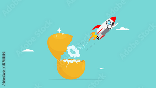 new business launch, success steps in building a start-up business, journey to success in starting a business, businessman flying on a rocket from an opening golden egg concept vector illustration