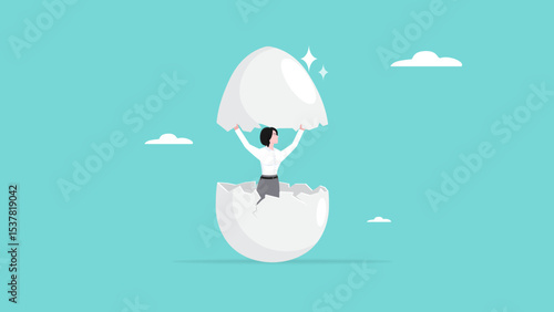 beginners businesswoman, beginner in starting a new business, newbie business woman comes out of a hatched egg concept vector illustration