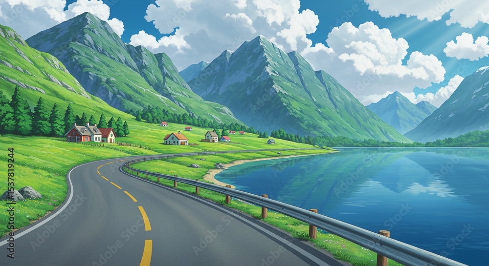 Fototapeta premium Anime Style Scenic Road by Mountain Lake with Village Houses and Majestic Peaks