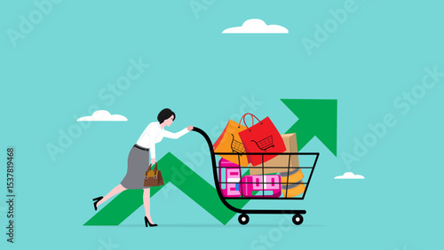 Inflation causing grocery price rising up, food or economic crisis that causes food prices rising up, food price inflation, woman rely on shopping carts sadly because food prices are rising up