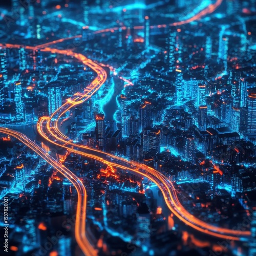 Futuristic Cityscape with Glowing Highways and Buildings Neon Lights and Urban Infrastructure