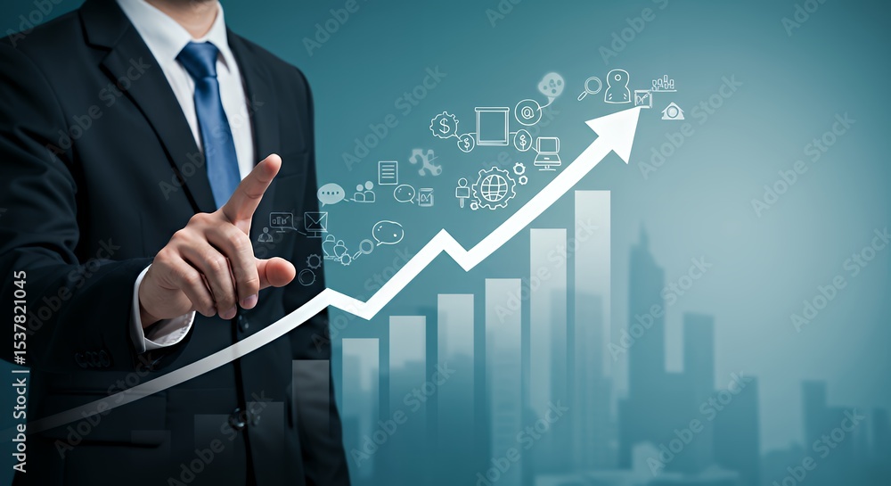 Business Growth Concept Man Touching Arrow Increasing Statistics Success Business Growth Concept Man Touching Arrow Increasing Statistics Success