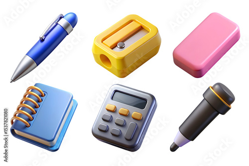 3d rendered education stationery set isolated on transparent background
