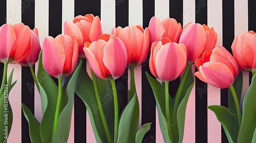Pink tulips on black and pink striped background
