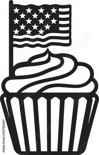 A cupcake with a flag on top, decorated with frosting and sprinkles, against a white background.