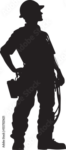 A black silhouette of a construction worker standing with one hand on their hip and the other holding a tool.