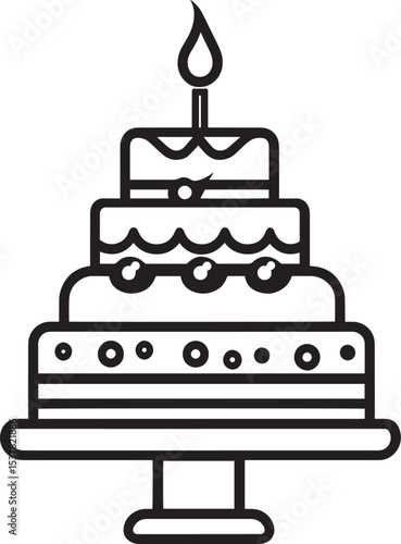 A three-tiered birthday cake with a candle on top, decorated with sprinkles and a bow on the top tier.