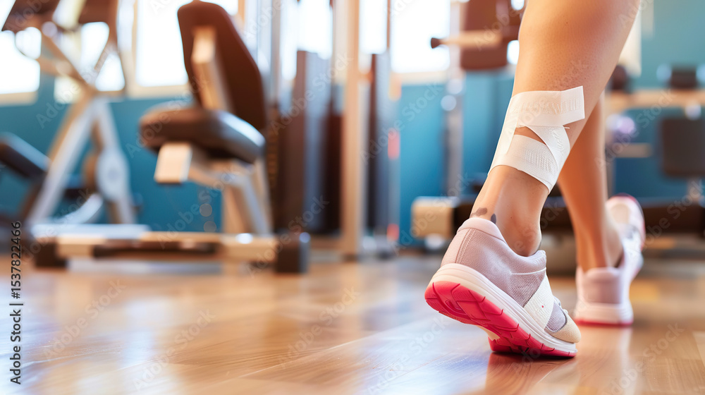 Intense Close-Up of Strained Ankle Taped for Support, Blurred Gym Equipment in Background, Shallow Depth of Field f/2.0, stock photo aesthetic Intense Close-Up of Strained Ankle Taped for Support, Blurred Gym Equipment in Background, Shallow Depth of Field f/2.0, stock photo aesthetic