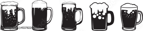 A set of five black and white beer mugs with frothy heads.