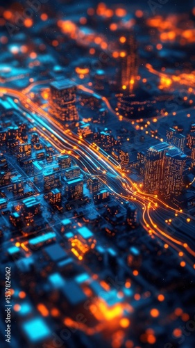 Futuristic Cityscape with Glowing Lights and Data Streams Digital Art Concept