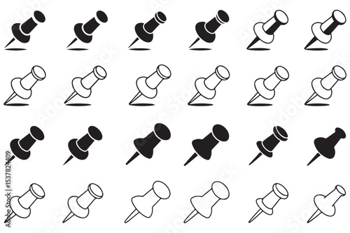 Collection of Black and White Push Pin Icons Perfect for Office Supplies Stationary Design Projects