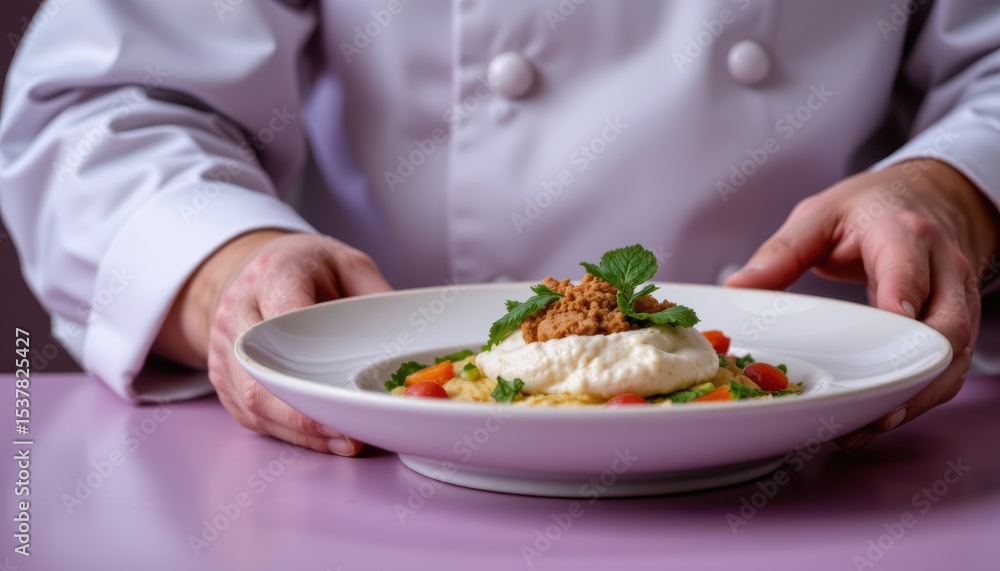 Chef Presenting a Beautifully Plated Gourmet Dish with Creamy Sauce and Fresh Ingredients Chef Presenting a Beautifully Plated Gourmet Dish with Creamy Sauce and Fresh Ingredients