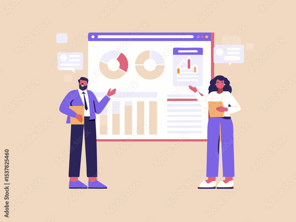 Business Presentation with Data Charts and Graphs Man and Woman Presenting Financial Information Teamwork and Collaboration in Business Business Presentation with Data Charts and Graphs Man and Woman Presenting Financial Information Teamwork and Collaboration in Business