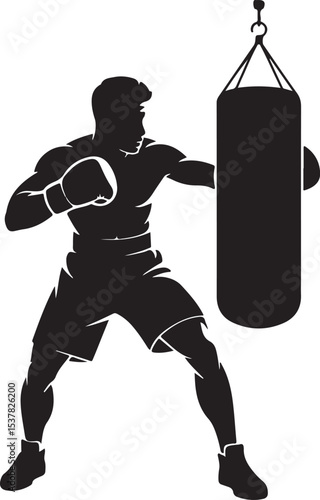Powerful Boxer Silhouette Training, Fitness, Strength, Punching Bag