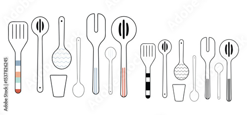 A collection of various black and white illustrated kitchen utensils like spoons, spatulas, and scoops against a plain background
