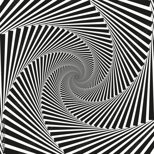Twisting stripe illusion. Black white vortex. Curved vector lines. Spiral motion shape.