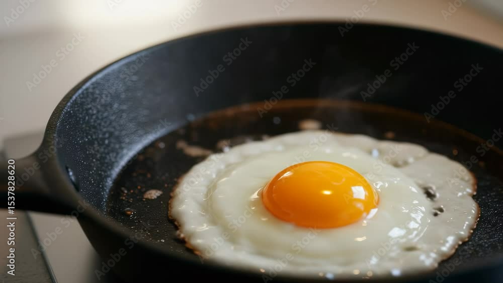 Perfect Sunny Side Up Egg Cooking in a Cast Iron Skillet, Breakfast Preparation Close Up Perfect Sunny Side Up Egg Cooking in a Cast Iron Skillet, Breakfast Preparation Close Up