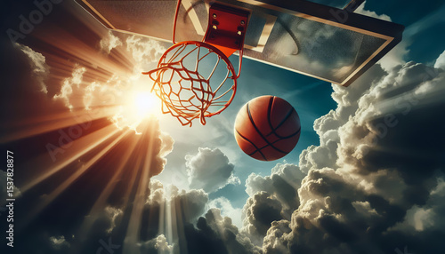 Close-up view of a basketball hoop about to hit the net on an outdoor basketball court.