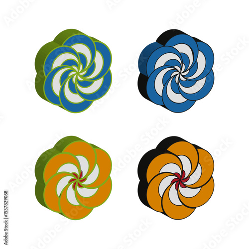 Colorful spiral icons. Abstract swirl elements. Rounded pinwheel shape. Vector contrast design.