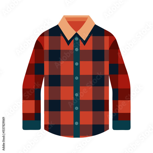 A flannel shirt illustration featuring a red and black checkered plaid pattern with an orange collar, dark blue cuffs, and a row of buttons down the front.