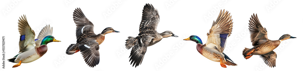 Obraz premium Five Ducks in Flight Captured with Vibrant Colors and Detail Isolated Transparent Background