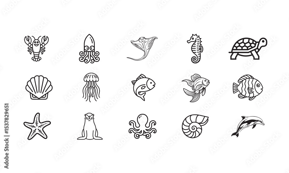 Obraz premium Simple and clean black and white illustrations of various marine animals and sea creatures.