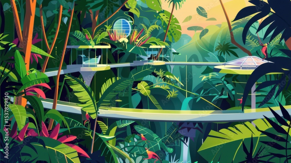Obraz premium A dynamic illustration of a green technology hub in a tropical rainforest, featuring canopy walkways and solar-powered research stations, surrounded by diverse flora and fauna