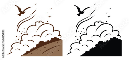 Abstract depiction of birds flying above land with stylized clouds in two distinct complementary color schemes.
