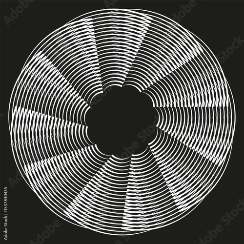 Radial line circle. Abstract fan symbol. Dynamic spoke Vector. Monochrome motion design.